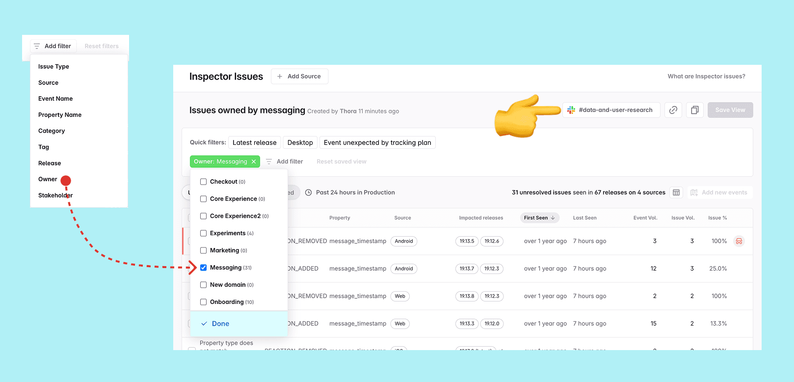 Inspector alerts filtered by stakeholder team ownership